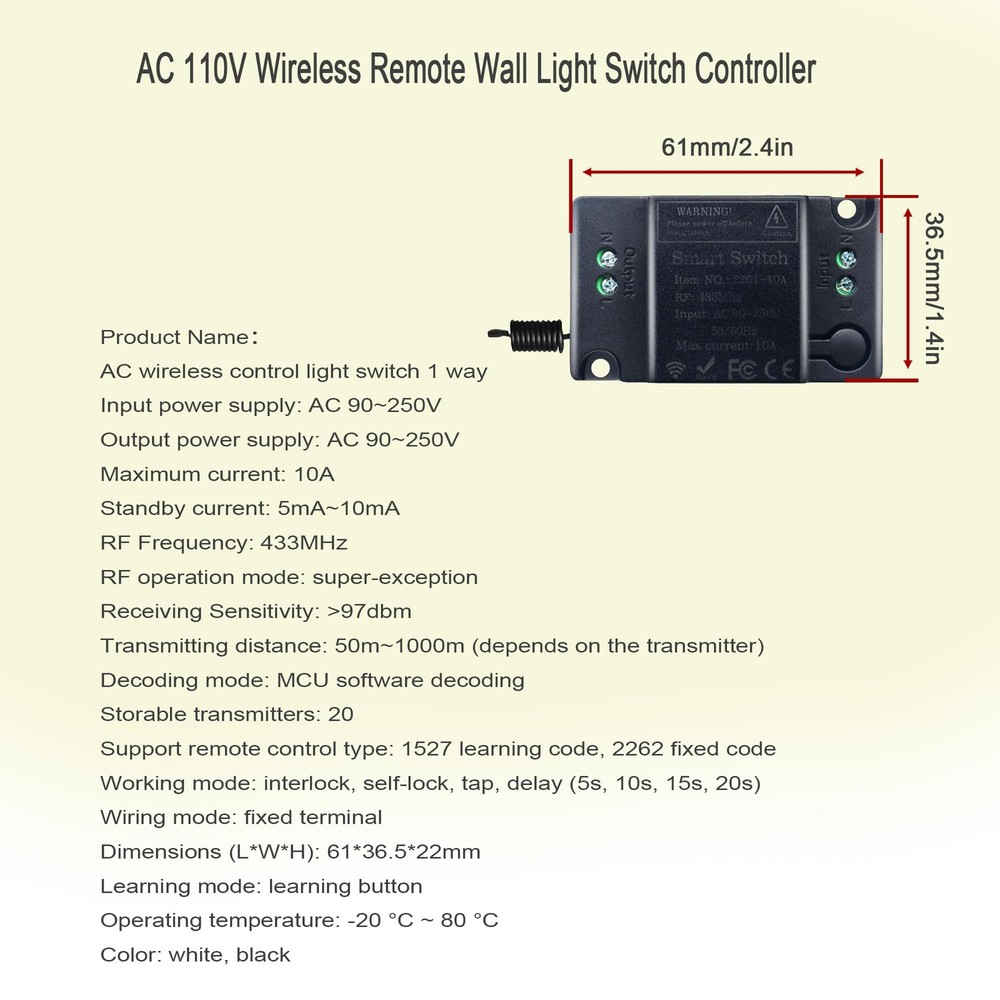 RPTCOTU Wireless Remote Light Switch No Control AC 1 way Black, Black