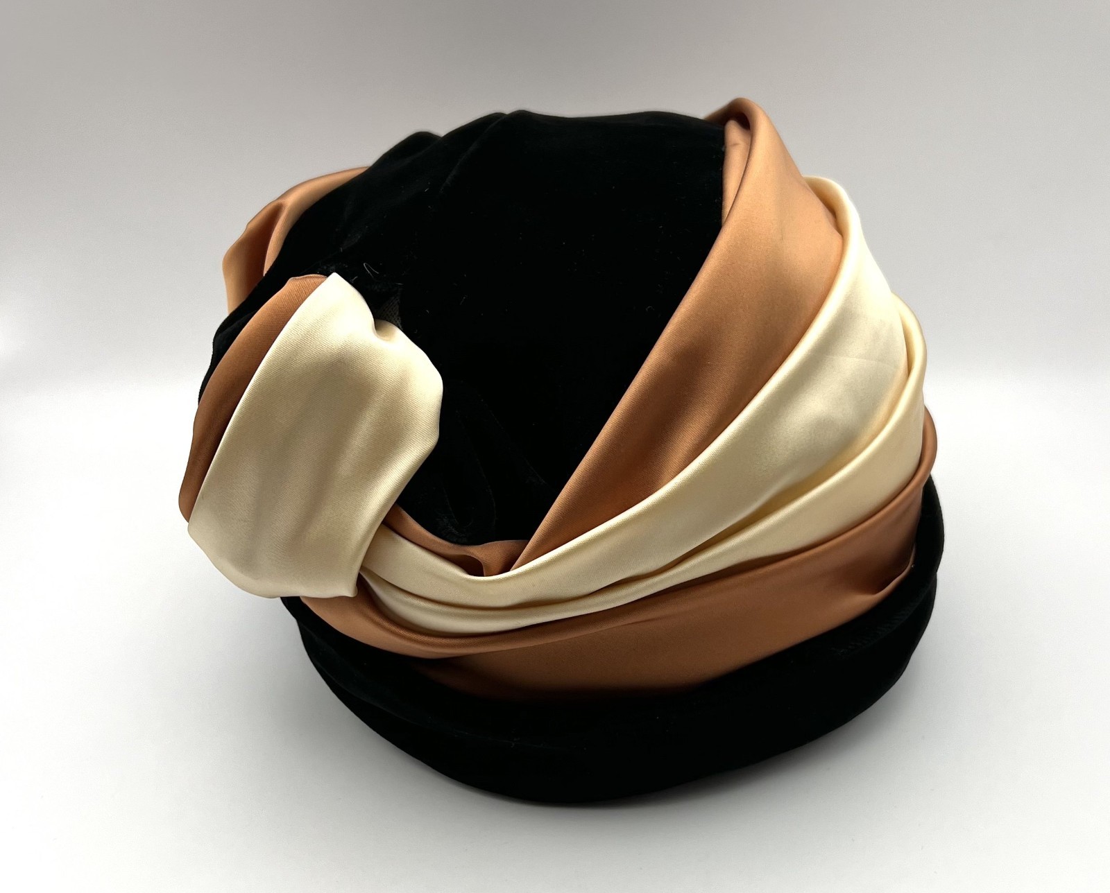 Vintage Shari Creations Turban Hat Black Velvet Cream Copper Satin USA Union