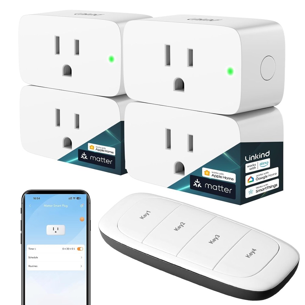 4 Pack Matter Smart Plug, 15A, Remote Control, Works with Apple Home & Alexa