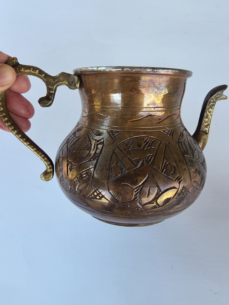 Antique Tinned Copper Ewer Hand Hammered Islamic Middle Eastern Pitcher