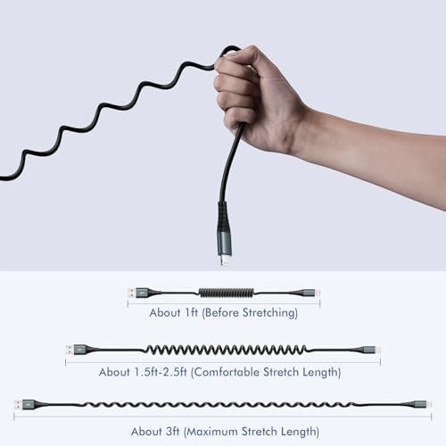 Coiled Lightning Cable 2 Pack MFi Certified Car iPhone Charger Cable，USB 3FT