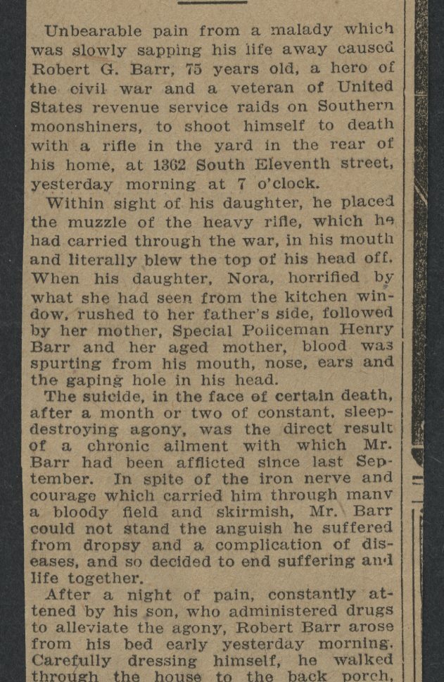 0227----1906 Robert G. Barr - Civil War Vet 21st Kentucky Inf suicide in Denver