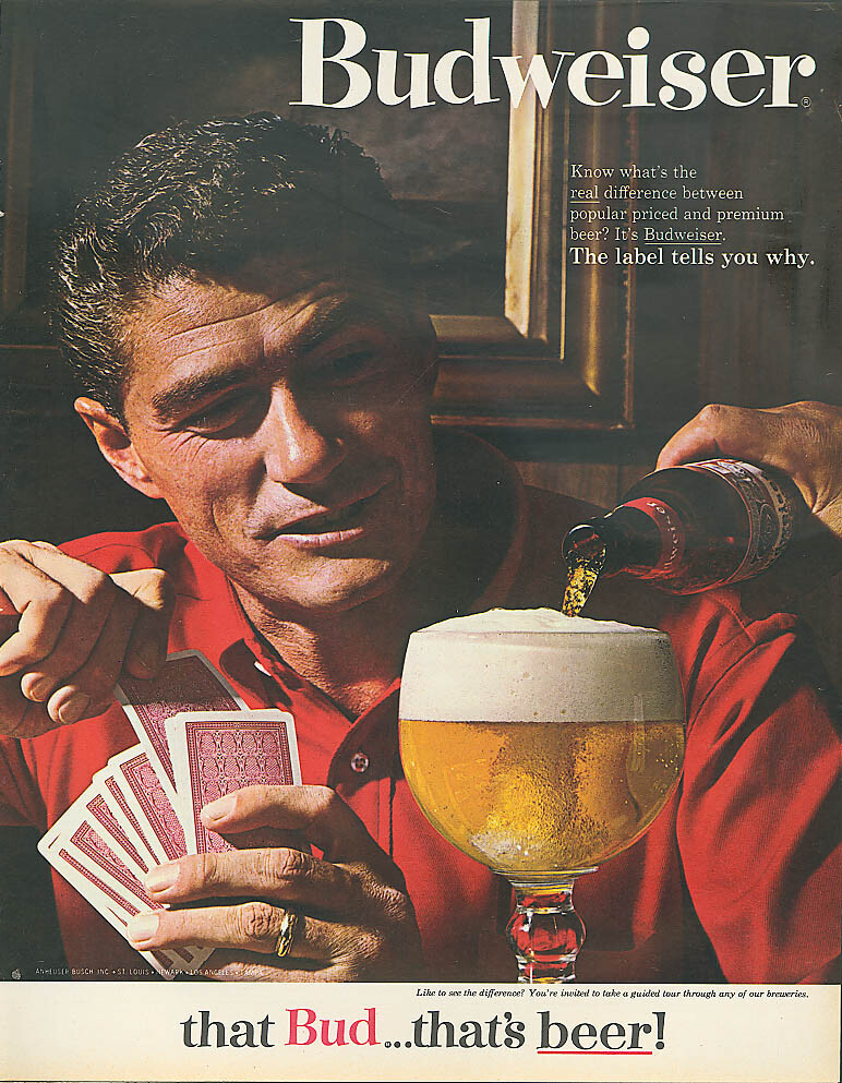 Man playing gin rummy Budweiser beer ad 1964