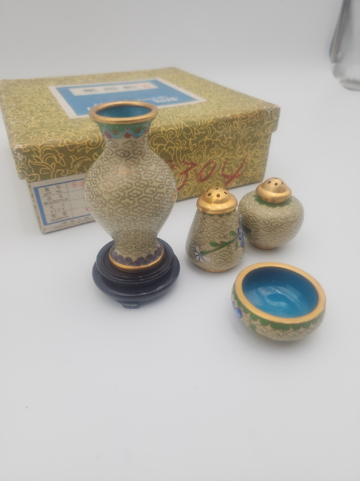 Vintage floral enamel cloisonne set- salt, pepper, vase, bowl, stand