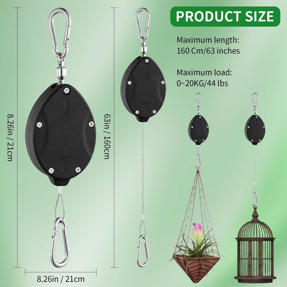 3 Pack Heavy Duty Retractable Plant Hangers Adjustable Pulleys with 63" Pull-...