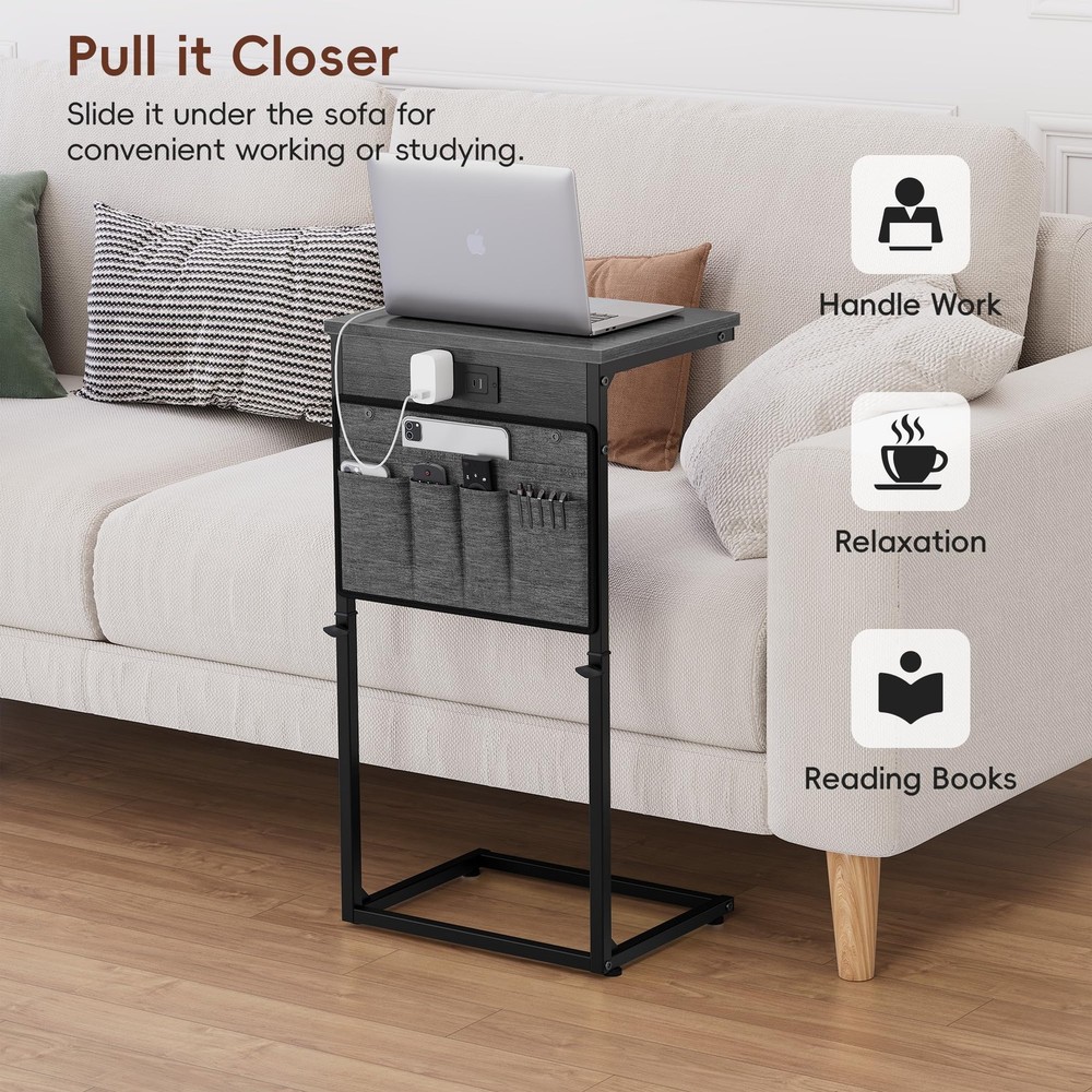 C Shaped End Table with Charging Station, 33" Tall Side Table for Couch, Sofa...