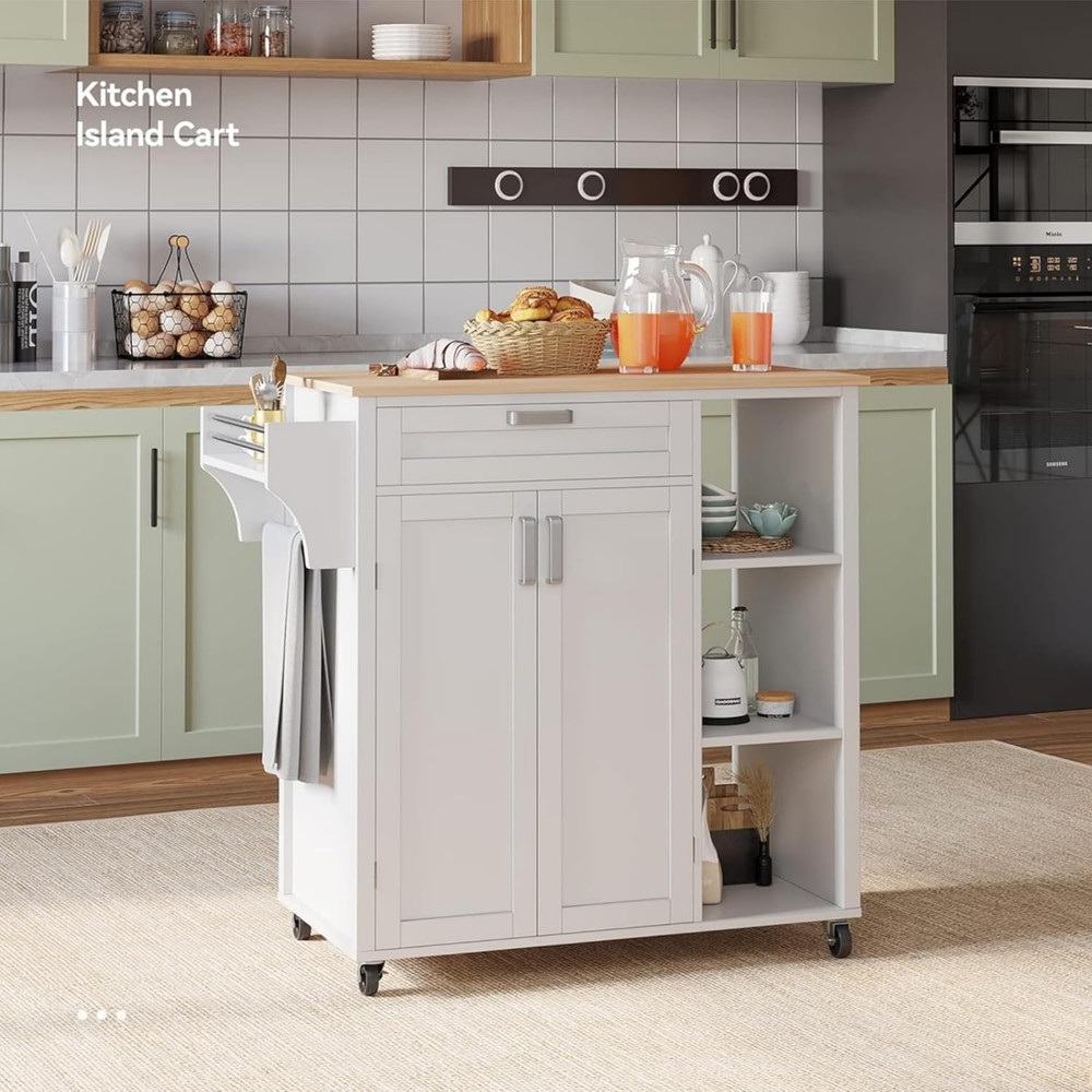 37" Rolling Kitchen Island Cart with Storage & Spice Rack, White