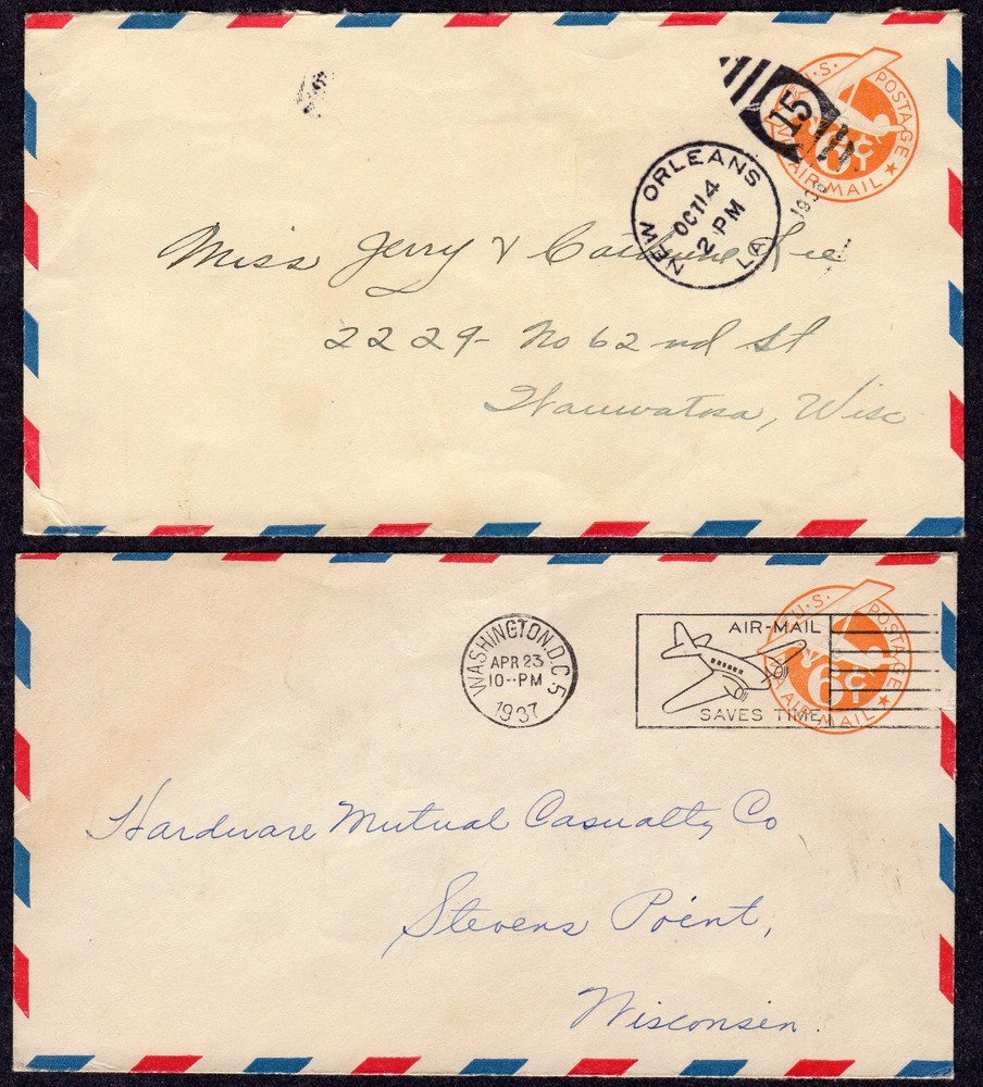 TWO  6c Biplane Bordered Embossed Envelopes Airmail (Scott UC3) TC882