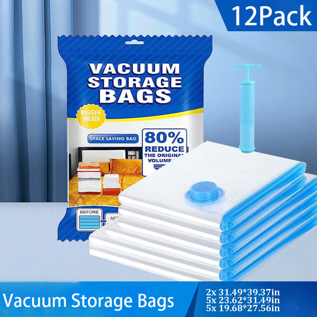 12 x Jumbo Vacuum Storage Bags Travel Space Saver Garment Seal Clothes Hand Pump
