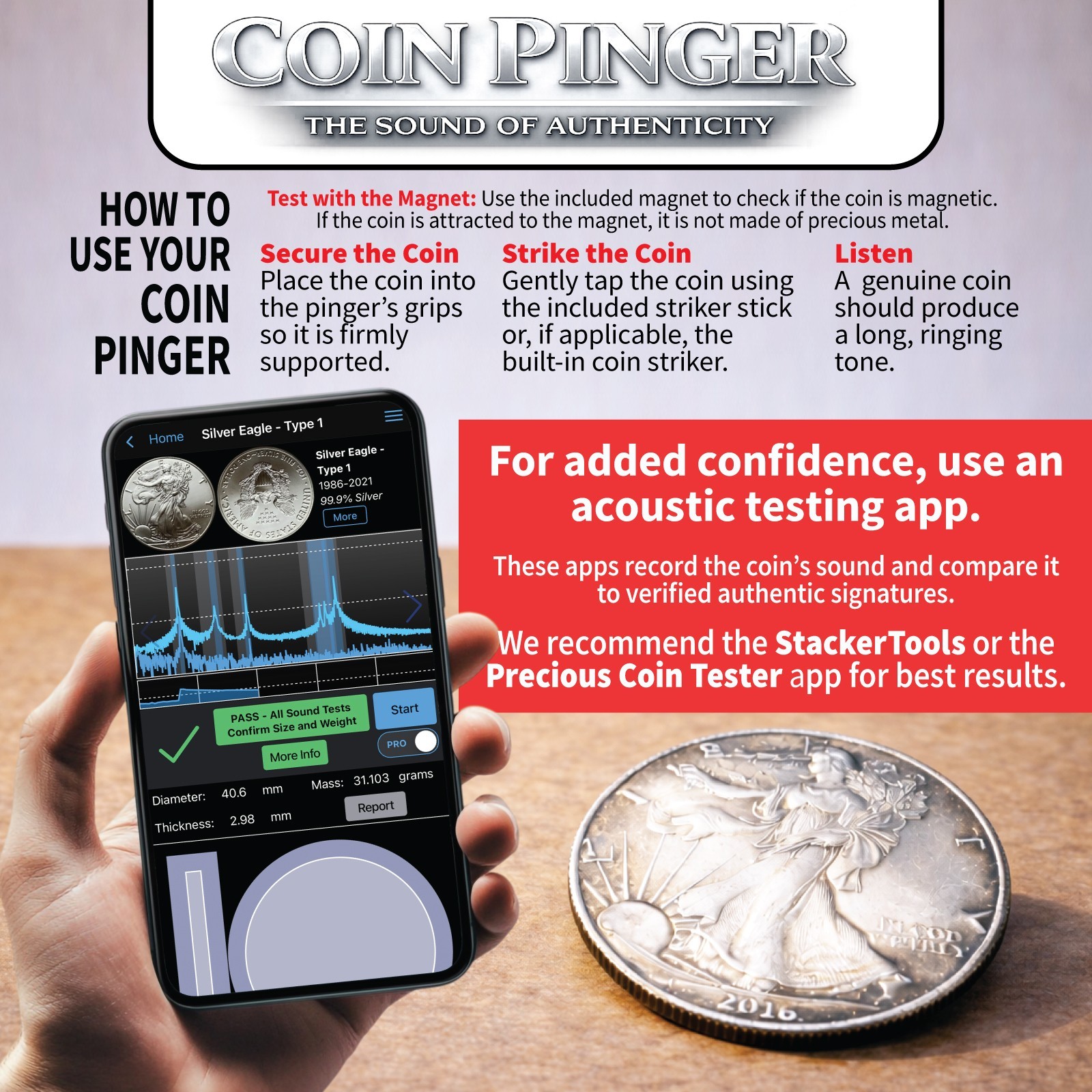 Coin Pinger Deluxe Kit – Gold & Silver Coin Ping Test Kit, Ping Resonance Tester