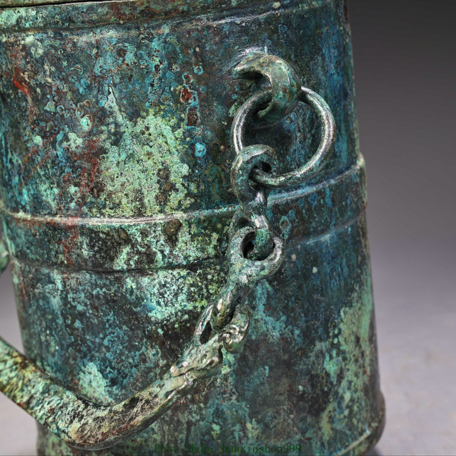 7.4"Collection Old China Dynasty Bronze Ware Chain Portable Crock Pot Jar Tank