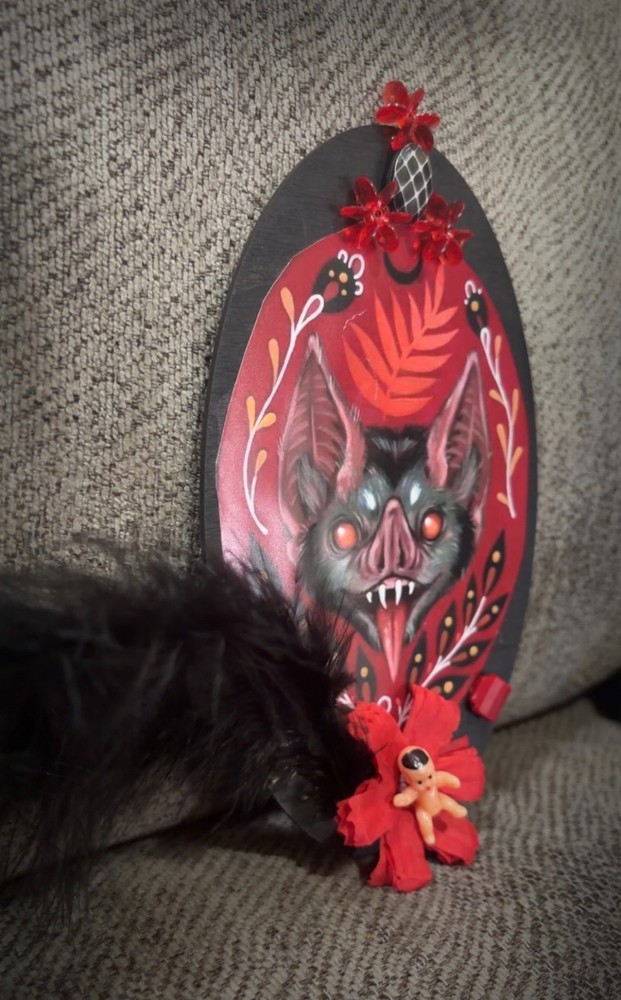 Gothic Vampire Bat Oddity Plaque Wall Decor Weird OOAK
