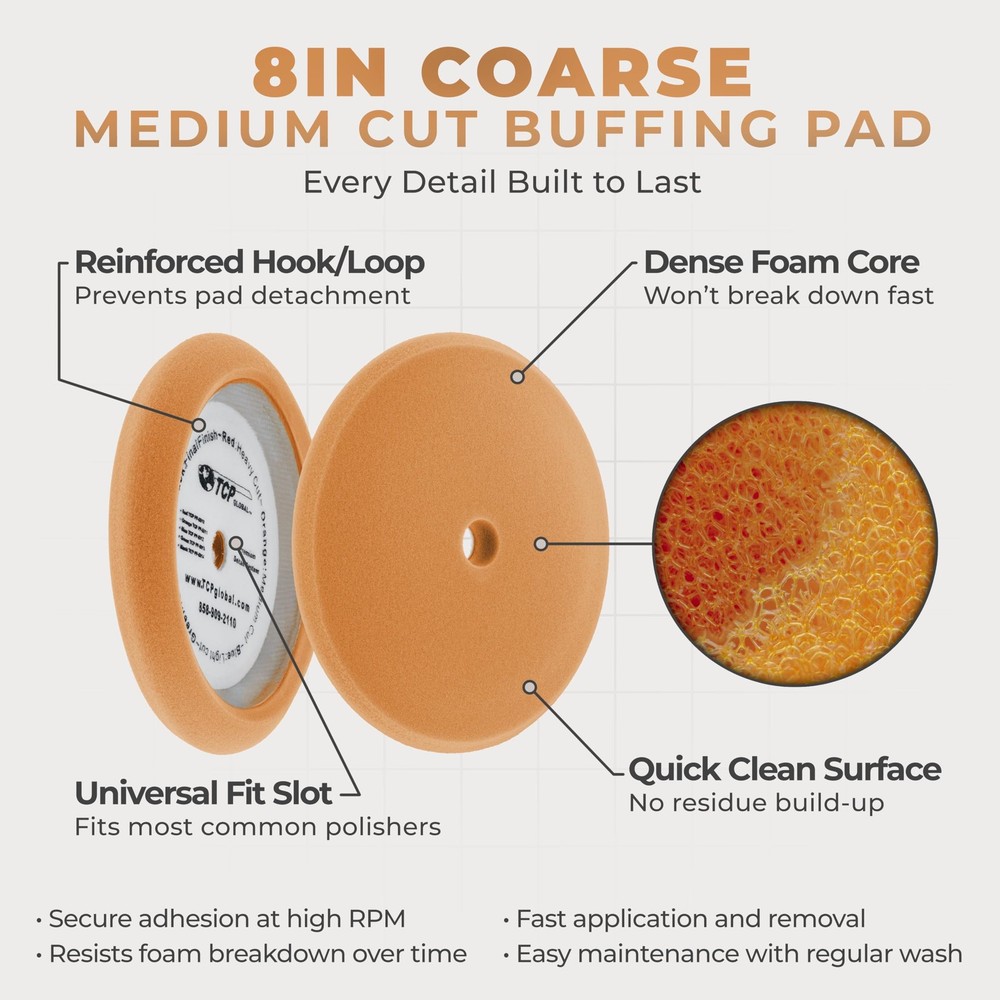8" Orange Foam Buffing Pad Extra Coarse Cutting Polish Hook and Loop Backing ...
