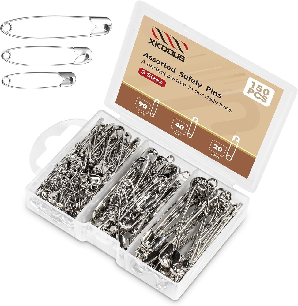 150 Pcs Safety Pins Assorted Sizes Silver Bulk