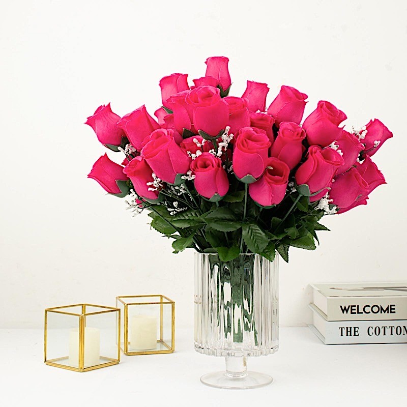 84 Fuchsia SILK ROSE BUDS Wedding Party Flowers Bouquets Decorations