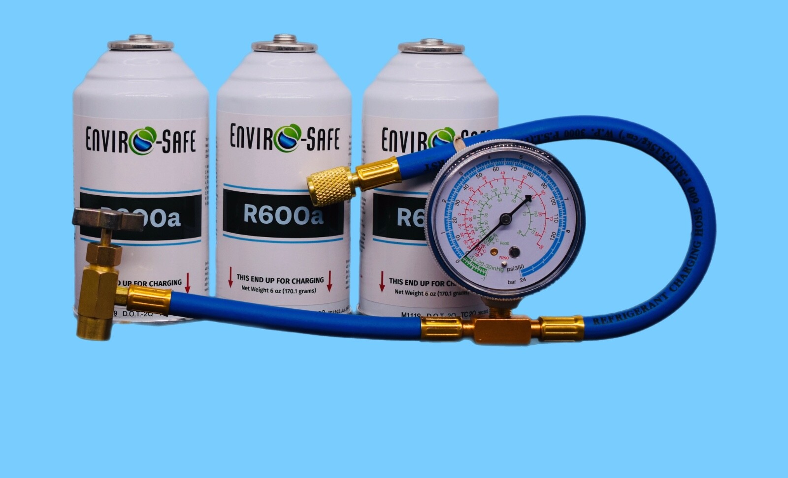 Enviro-Safe R600a Refrigerant | Inverted Piercing | 6 oz | 3 Cans + Brass Gauge