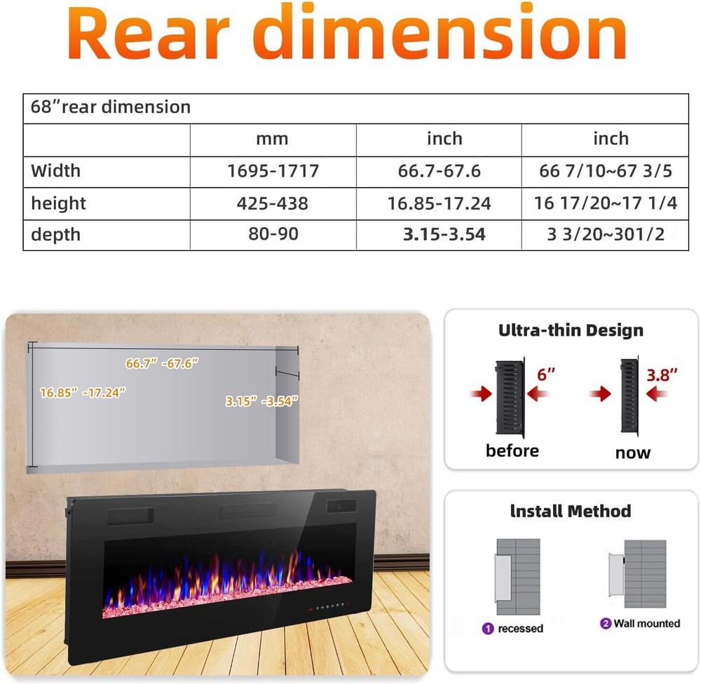 Electric Fireplace, Recessed and Wall Mounted , Remote , Timer, Adjustable Flame