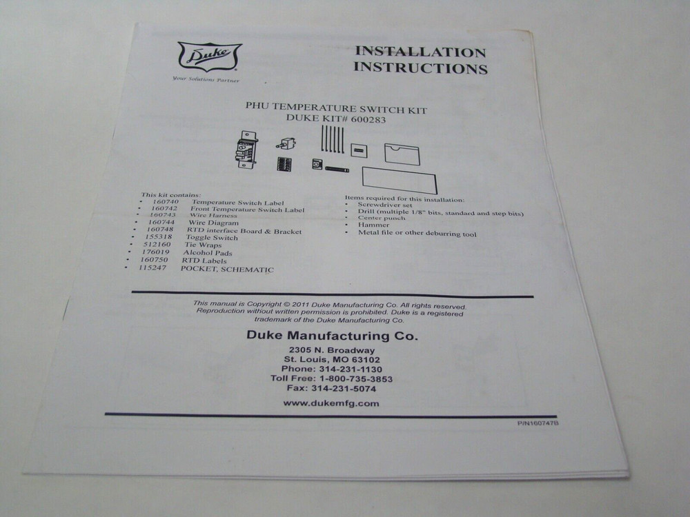 Duke 600283 PHU Temperature Switch Kit Installation Instructions