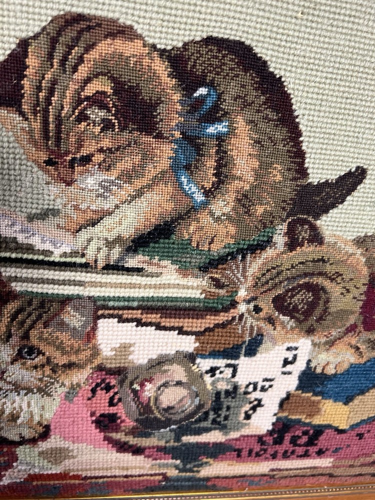 VTG Framed Needlepoint Embroidery Cats Art
