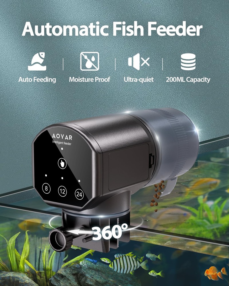 Automatic Fish Feeder Dispenser for Aquarium: Battery Powered Design, Black