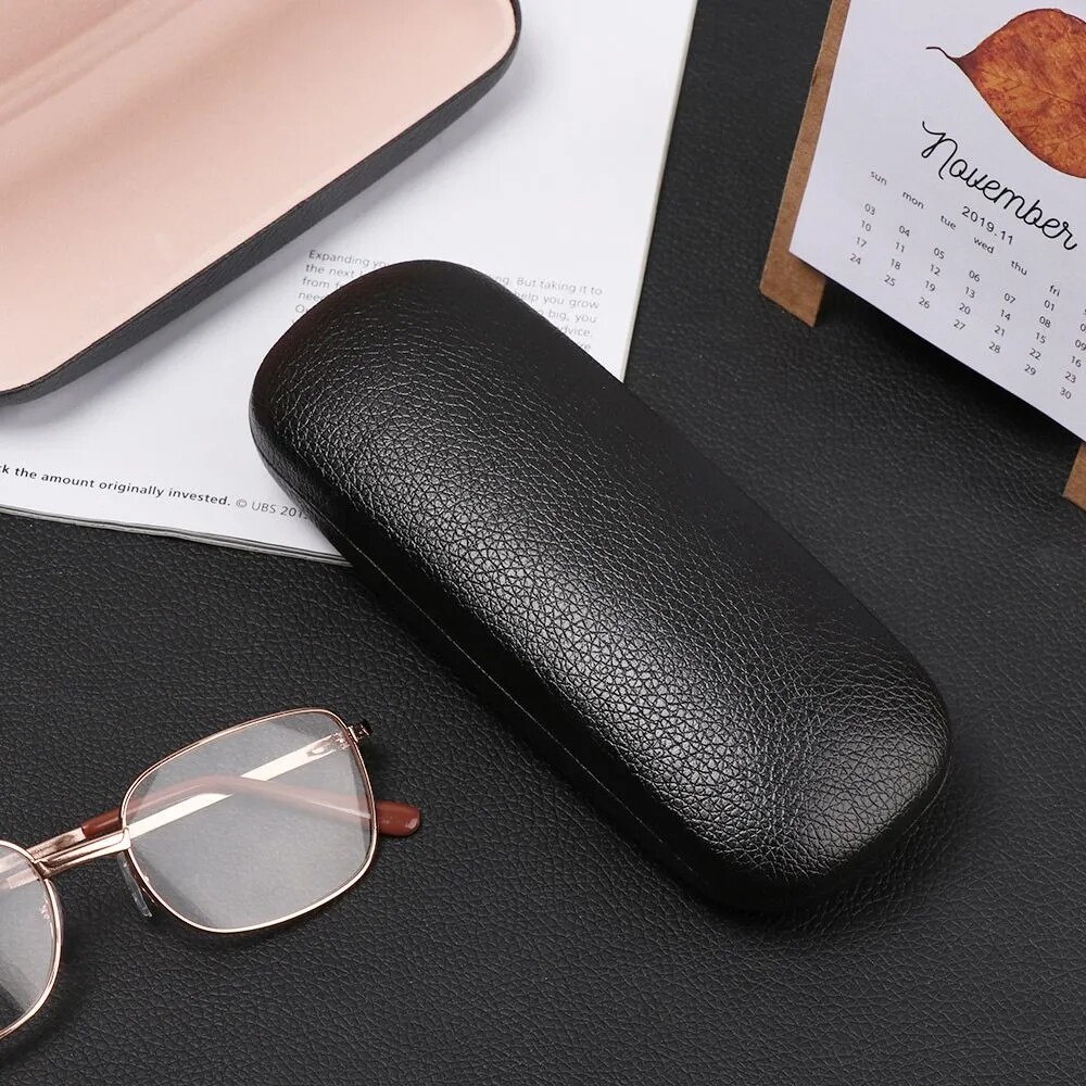 NEW Clam Shell Hard Eyeglasses PU Glasses Case Black w/Microfiber Cleaning Cloth