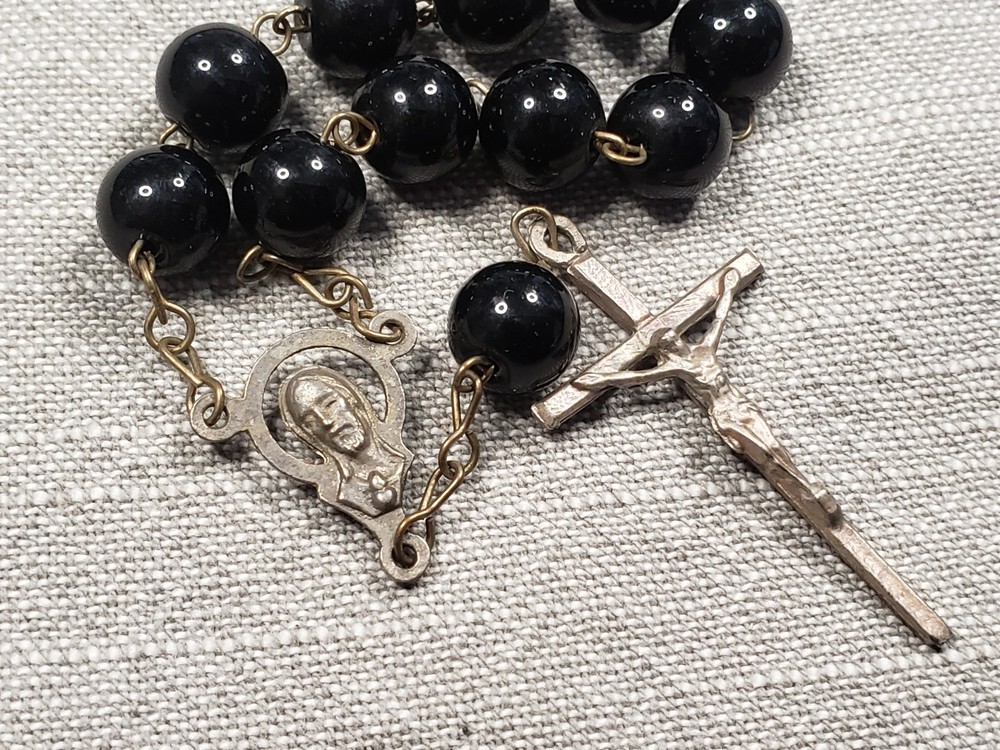 Vintage Rosary Chaplet Black Beads Religious Christian Gift B81