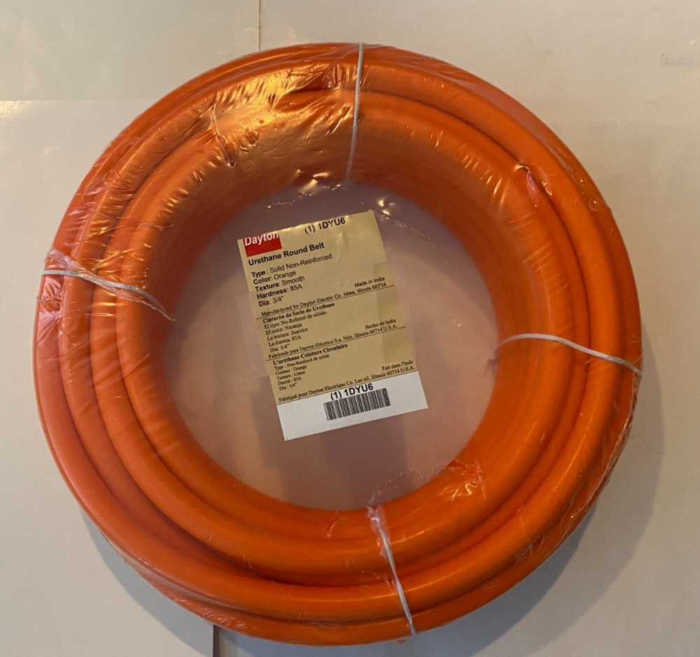 DAYTON 3/4" x 50' Urethane Round Belt - Solid Core - Smooth - Orange - 85A -