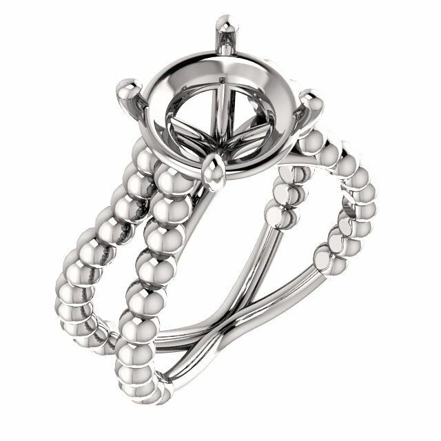 Sterling Silver Round Cut Solitaire Ring Setting - Beaded Split-Shank Style Ring