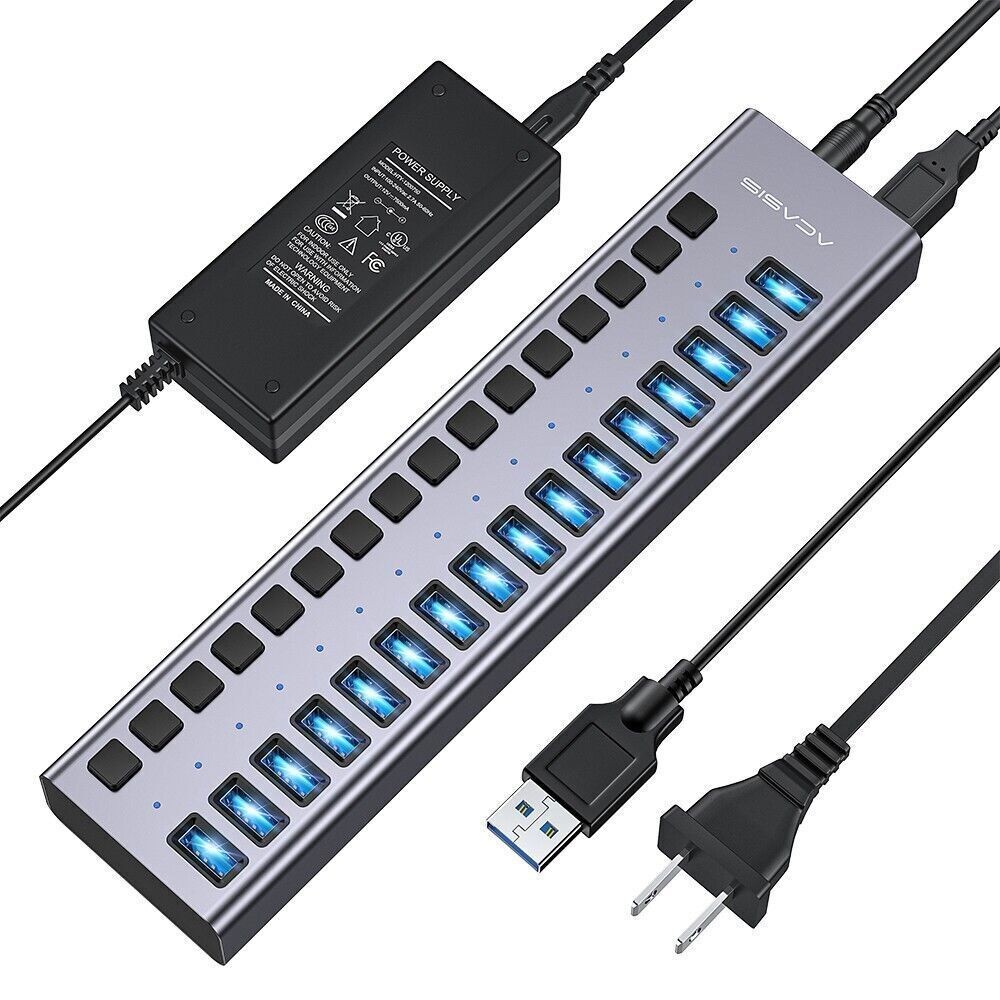 Acasis USB 3.1 Hub 10Gbps 16 Port On/Off Switch with AC Power Adapter for Laptop