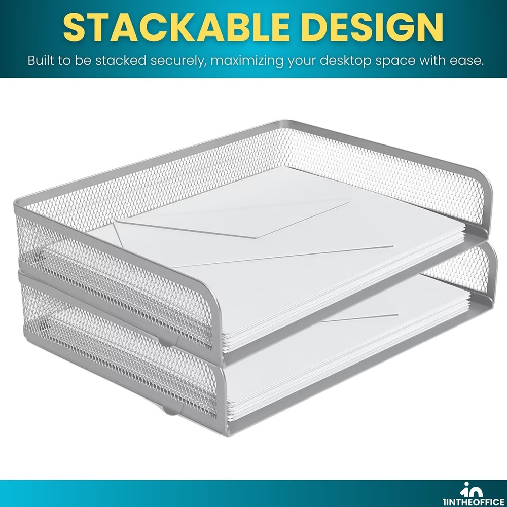 Stackable Side Load Letter Tray, Silver Wire Metal Mesh Paper Tray Organizer,...
