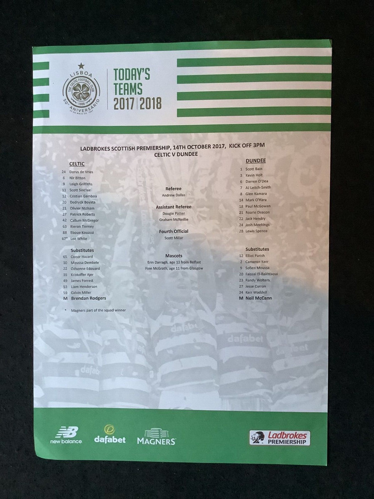 2017/18 Celtic v Dundee October teamsheet