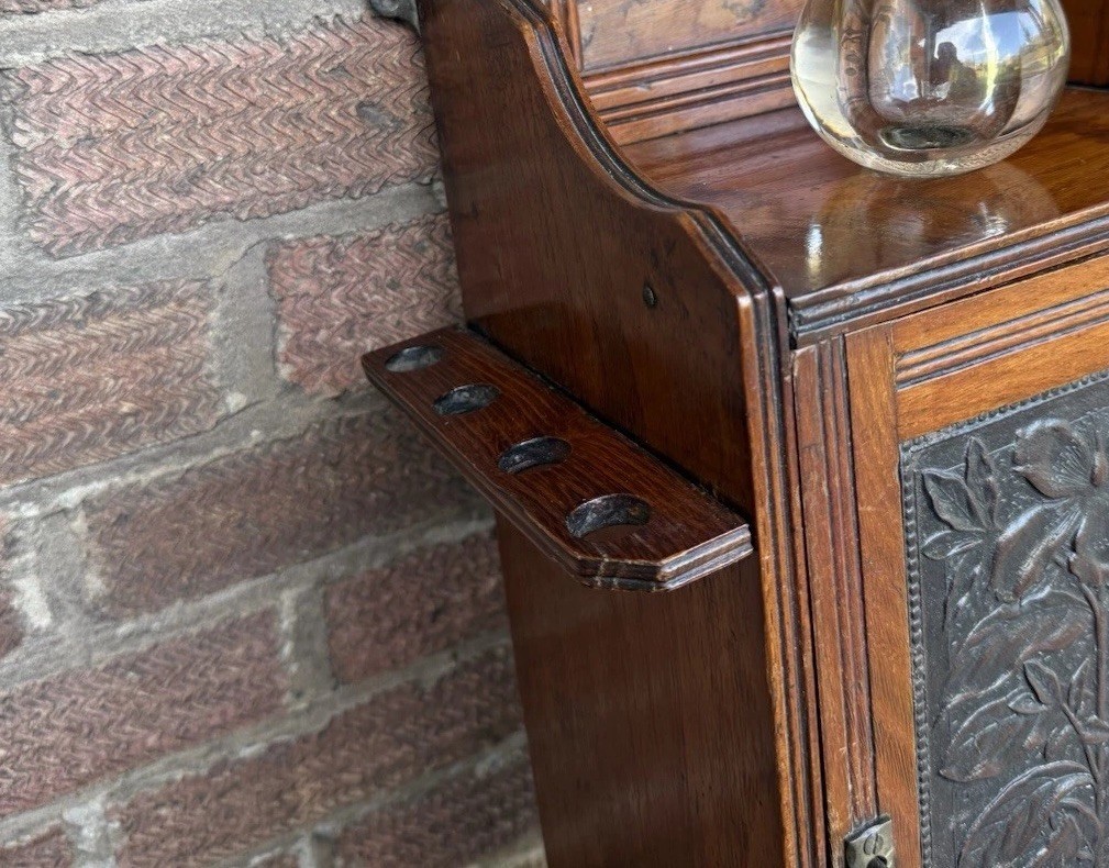 Antique Edwardian Oak Wall Hanging Smokers Cabinet & Original Glass Match Holder