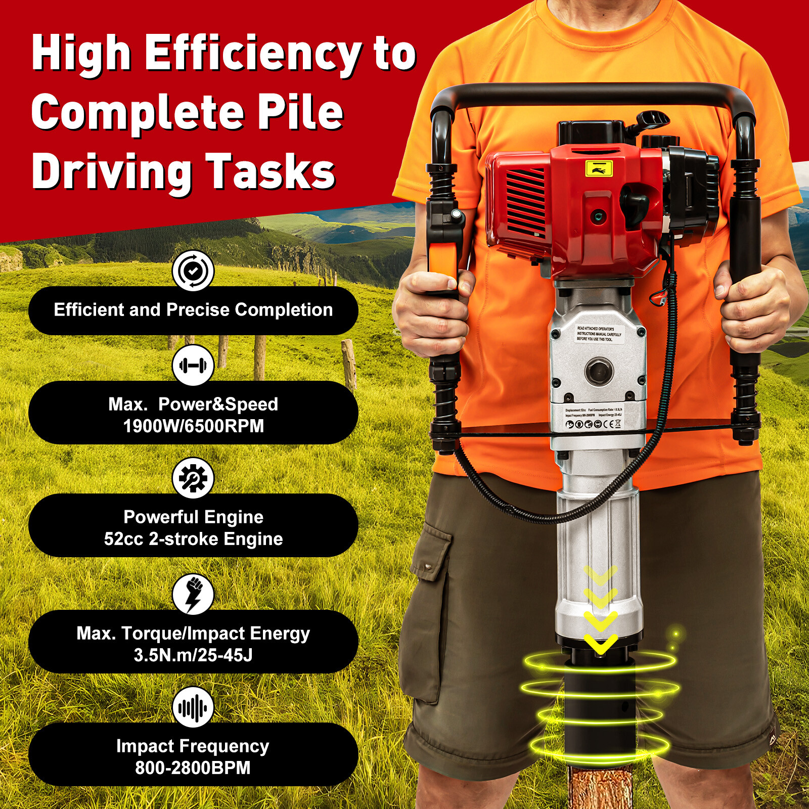 52CC 2.3HP Heavy Duty Gas Powered Fence Pile Driver T-Post Push Gasoline Engine