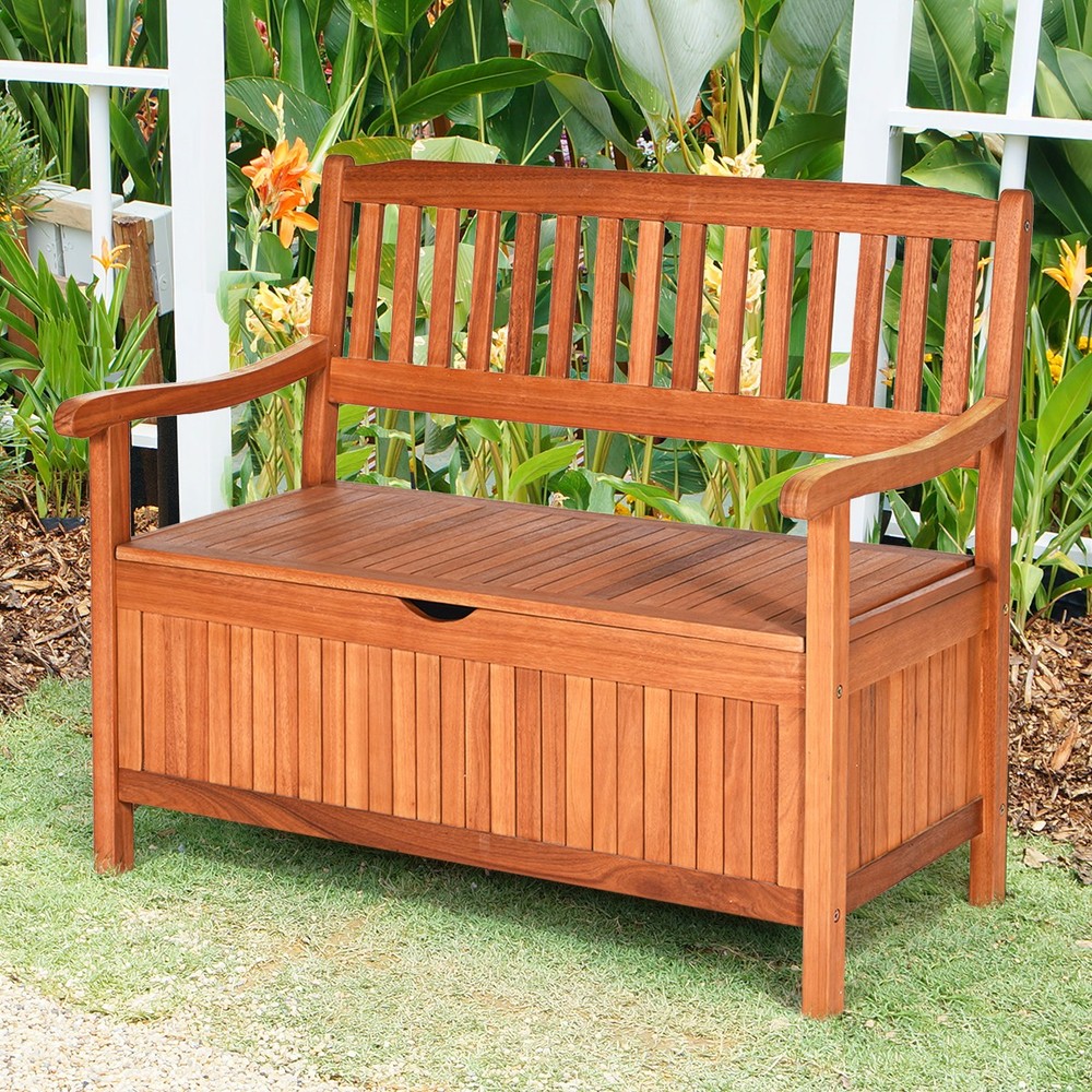 42" Storage Bench Deck Box Solid Wood Seating Container Tools Toys W/Backrest