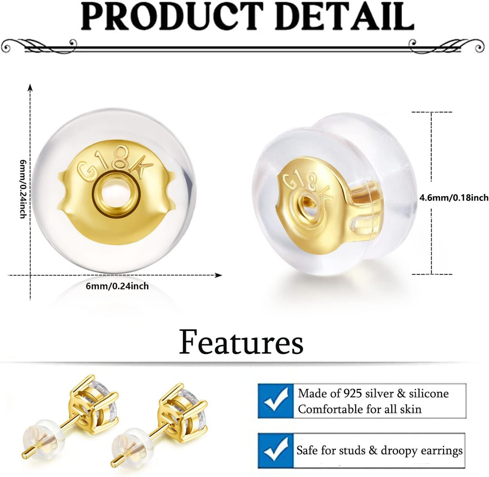 Earring Backs,18K Gold Silicone Earring Backs Replacements for Studs/Droopy Ears