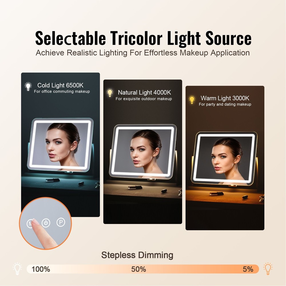 Vanity Mirror with Lights, Three Color Lighting Modes, Lighted Makeup LED Mirror