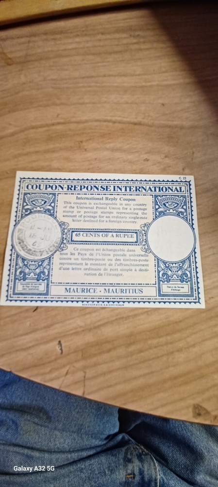 International Reply Coupon Mauritius 1963 different text at back