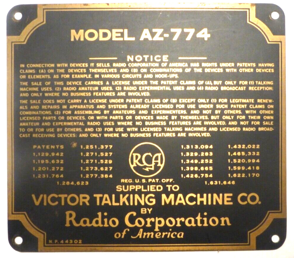 RCA & VICTOR CONSOLE AZ 774:   Metal CONSOLE ID TAG