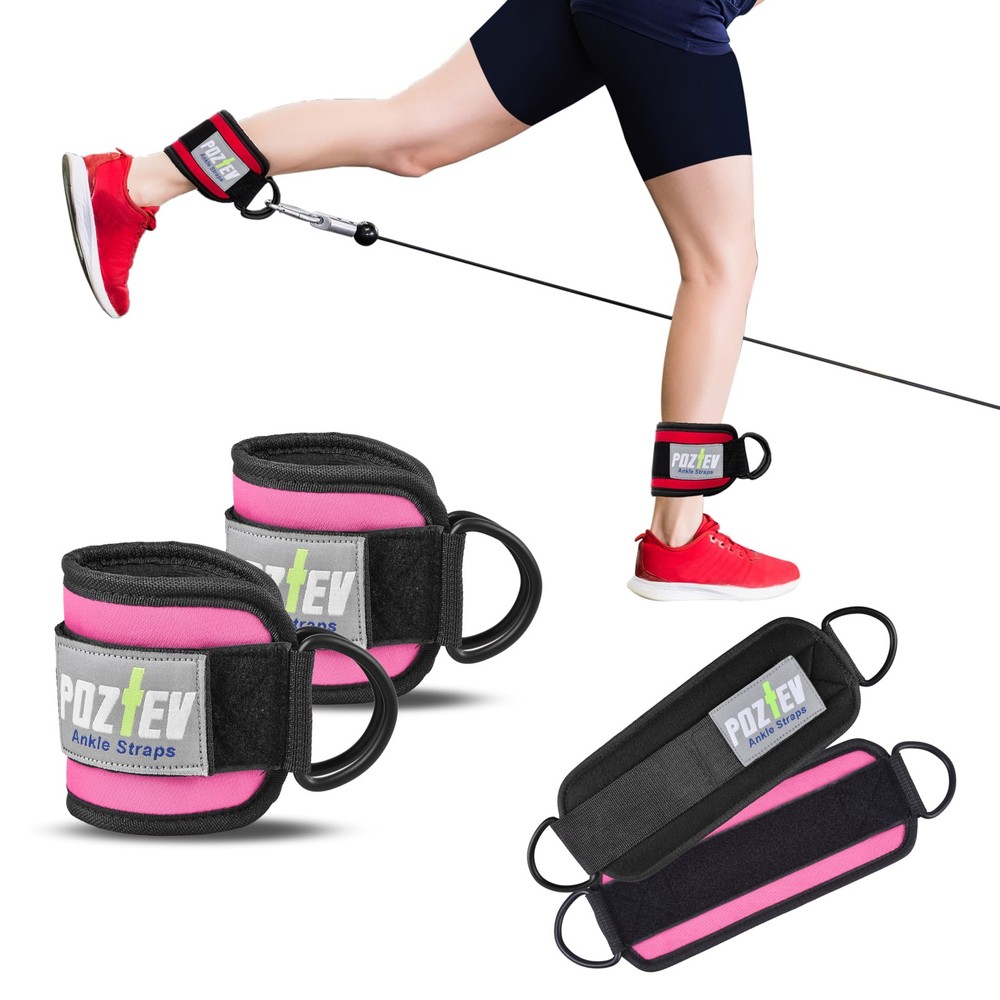 Ankle Straps for Cable Machine (PAIR) – Adjustable Padded Cuff Leg Pink