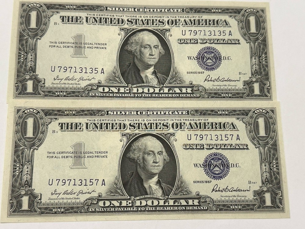 1957 B $1 Dollar Silver Certificate Blue Seals (2) AAU CRISPY D140