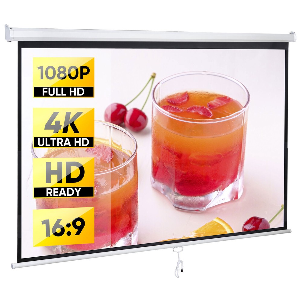 80" Manual Pull Down Projector Screen Wall & Ceiling Mounted HD Screens Portable