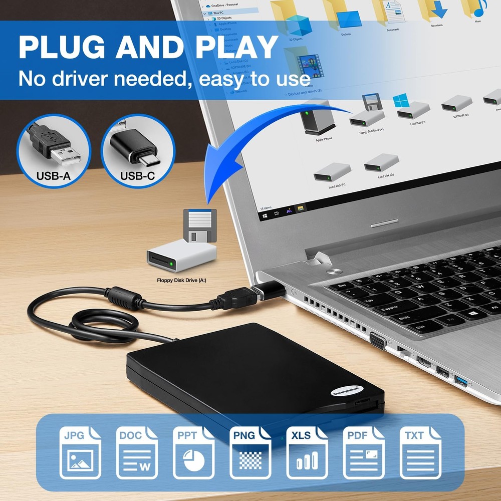 Floppy Disk Reader, 3.5 inch 1.44mb External USB Type A/C Floppy Disk Drive f...