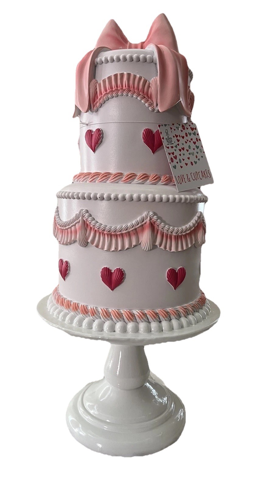 Valentines Day Faux Cake Sculpture Hearts White Pink Red Pedestal 20 inch NEW