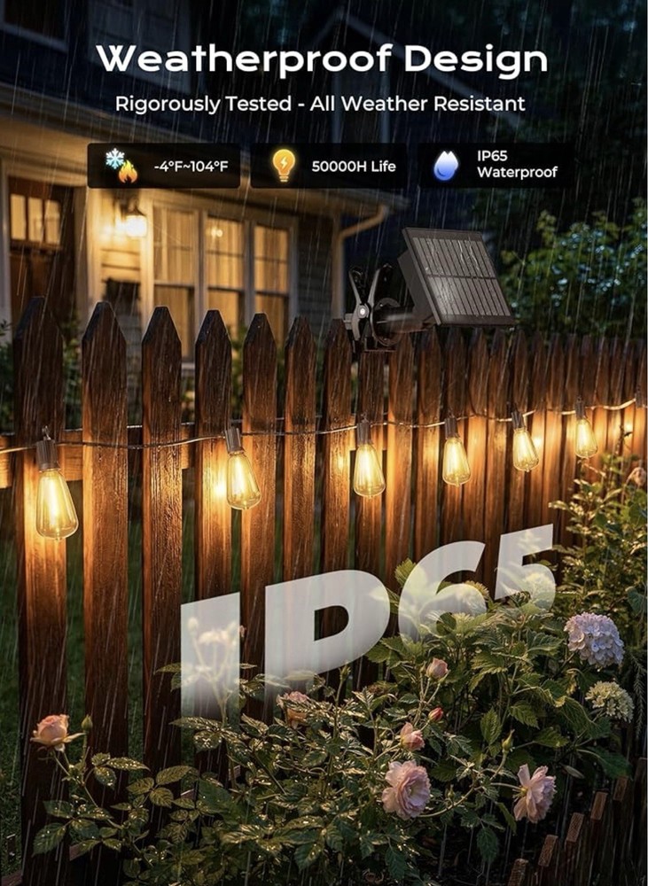 Brightown 52FT Solar String Lights Outdoor Waterproof