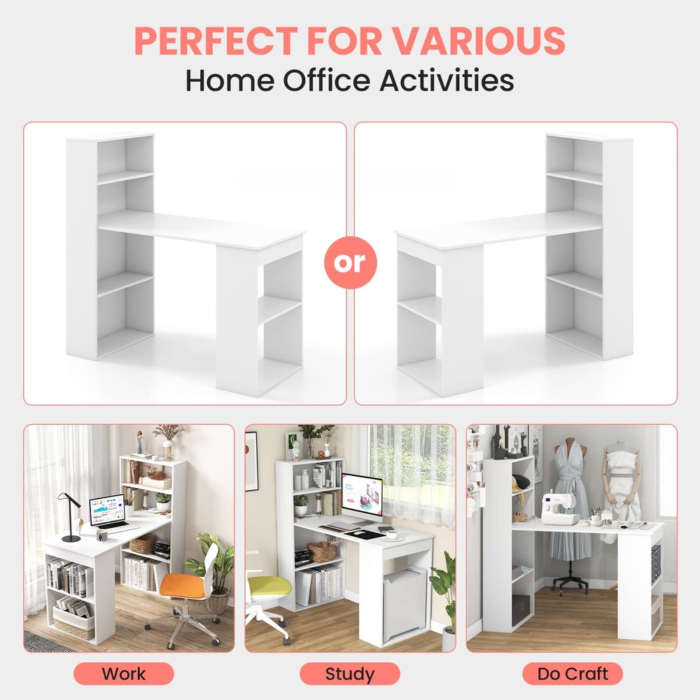 White Computer Desk with 6-Tier Storage Shelves Reversible Study Table CPU Stand