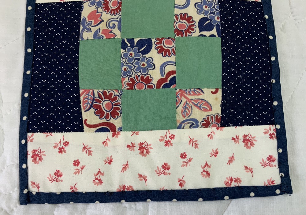 Vintage Patchwork Mini Quilt Table Topper Or Doll Quilt, Nine Patch, Navy, Pink
