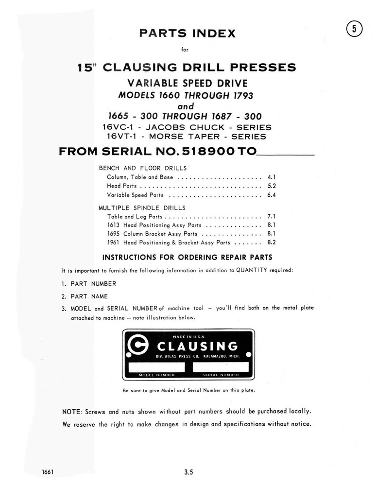 Clausing 15" Drill Press Variable Speed Model Instruction & Parts Manual #1293