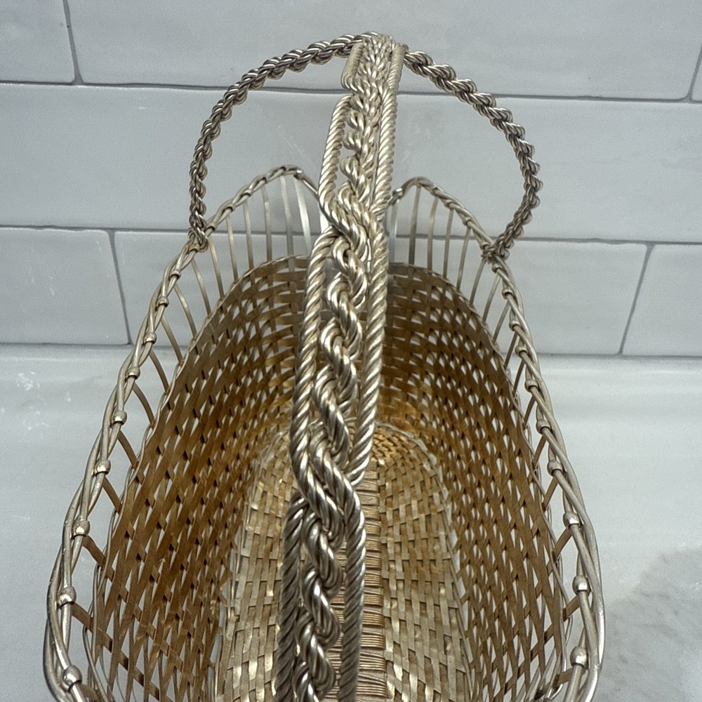 William Adams France Silverplate Wine Bottle Holder Woven Basket Vintage