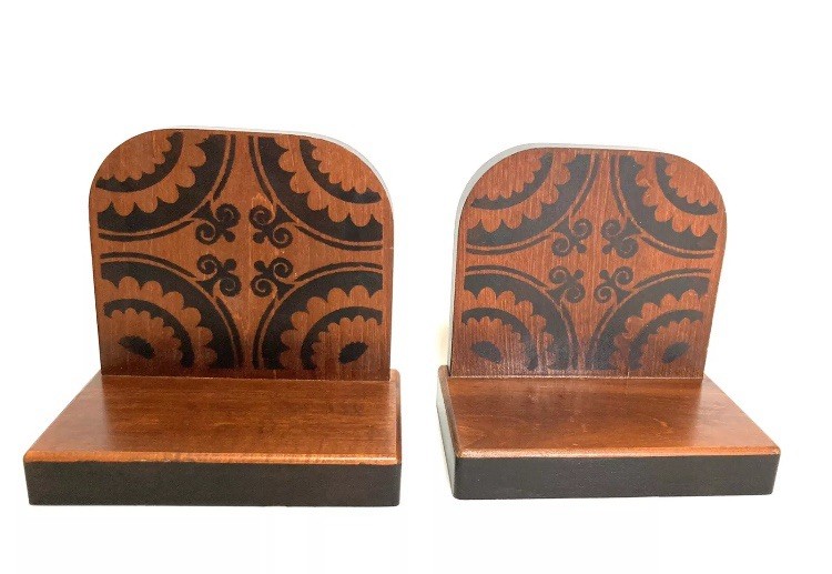 Vtg MC Modern Heritage Solid Wood Walnut Bookends Pattern Painted Art