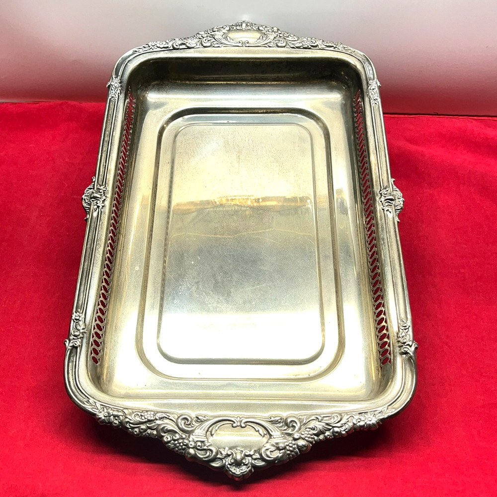 VTG 19" Tarnished Silver Plated Rectangular Butler Serving Tray Pierced Gallery